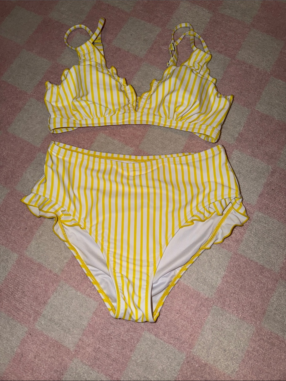 Yellow Stripe Ruffle High-Waist Bikini Set